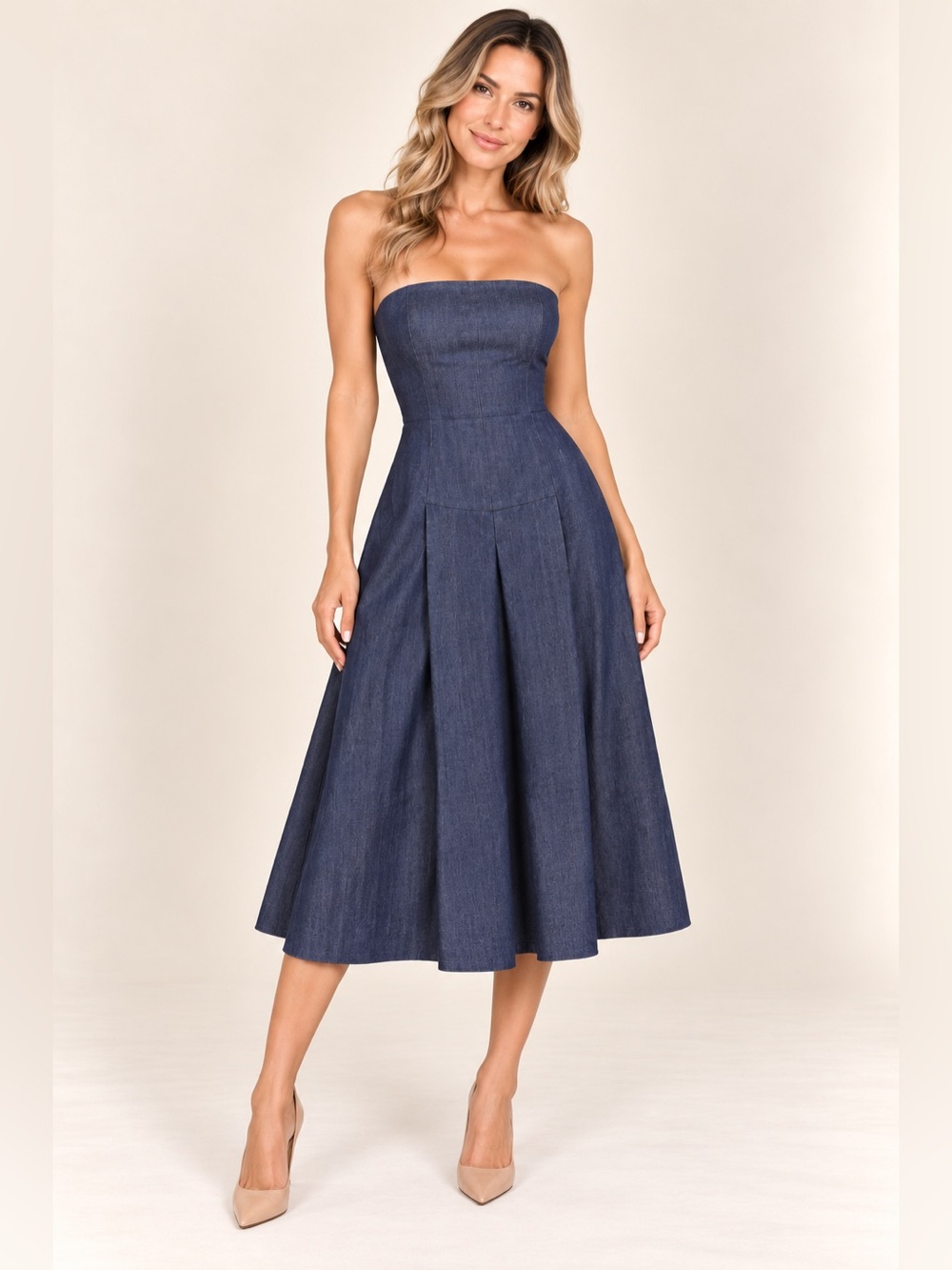 Isaac Mizrahi Strapless Chambray Fit & Flare Dark Indigo Denim Dress Size 12